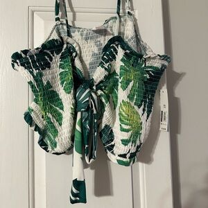 Green Leaf Print Smocked Top